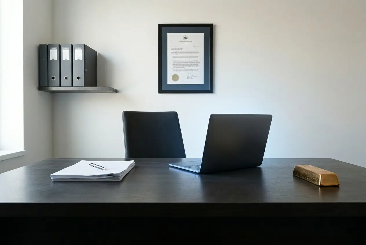 Al Areen compliance office — gold bar, laptop, and framed certificate